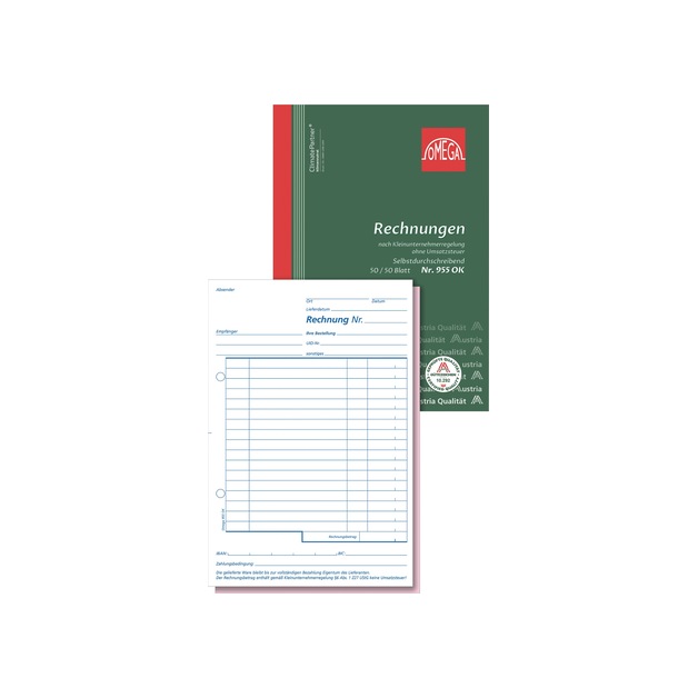 Rechnungsbuch nach Kleinunternehmerregelung ohne Umsatzsteuer, A5 hoch 2 x 50 Blatt