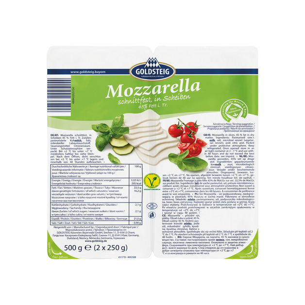 Goldsteig Mozzarella Scheiben 45% Fett i. Tr. 2x250 g