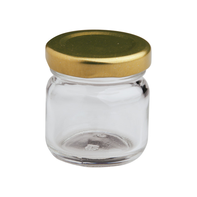 Delikatessenglas Inhalt = 43 ml, rund, mit Golddeckel