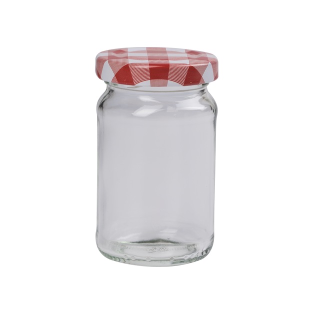 Einkochglas Inhalt = 107 ml, rund, Deckel Karo rot
