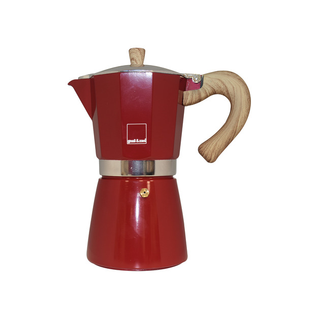 Gnali&Zani Espressokocher Venezia für 6 Tassen, Farbe rot, Holzgriff Aluminium Edelstahl