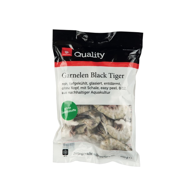 Quality Black Tiger Garnelen Easy Peel 8/12 ohne Kopf, mit Schale, tiefgekühlt, phosphatfrei 800 g