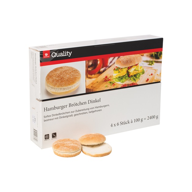 Quality Burger Bun Dinkel 12,5 cm, fertiggebacken, tiefgekühlt 24 x 100 g