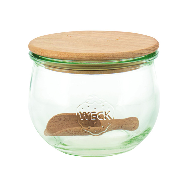 Vorratsglas mit Holzdeckel und Schaufel H = 110 mm, DM = 97 mm, Inhalt = 580 mll, tulpenform