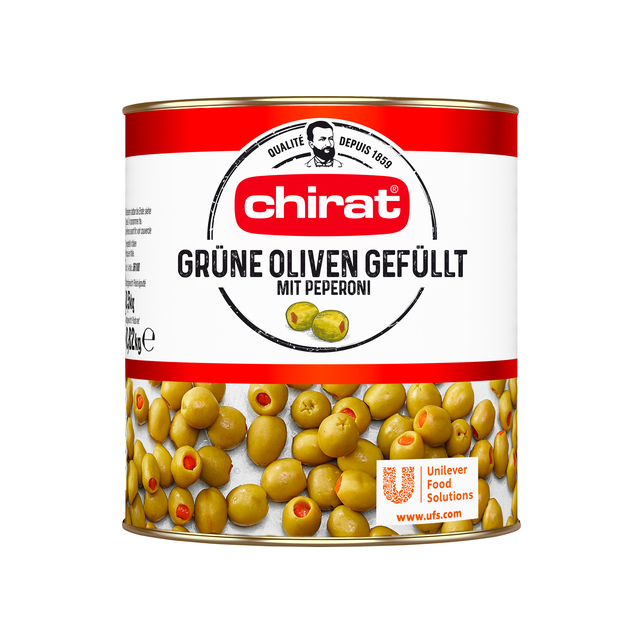 Oliven grün gefüllt m.Peperoni Chirat 820/500g