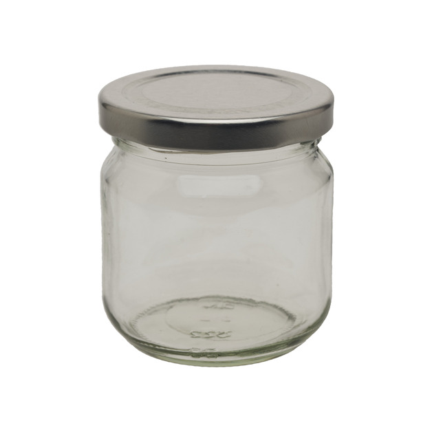 Einkochglas Inhalt = 212 ml, rund, mit silbernem Deckel