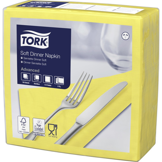 Tork Soft Dinnerservietten 39x39cm 100Stk 1/4F 3lg gelb