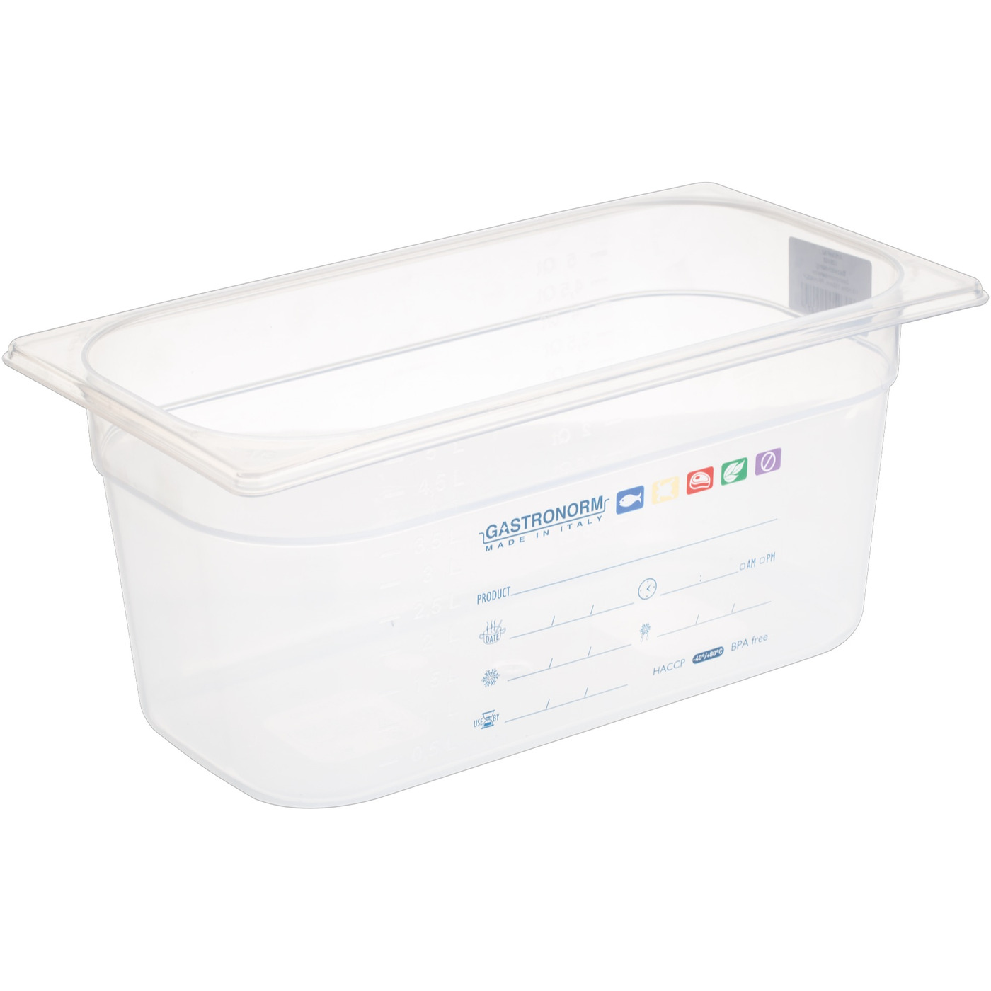 GASTRONORM 1/9 h100. Bacinella Gastronorm in policarbonato trasparente GN 1/9. Dim. 176x108 altezza 100 mm. Capacità 0,9 litri. Made in Italy
