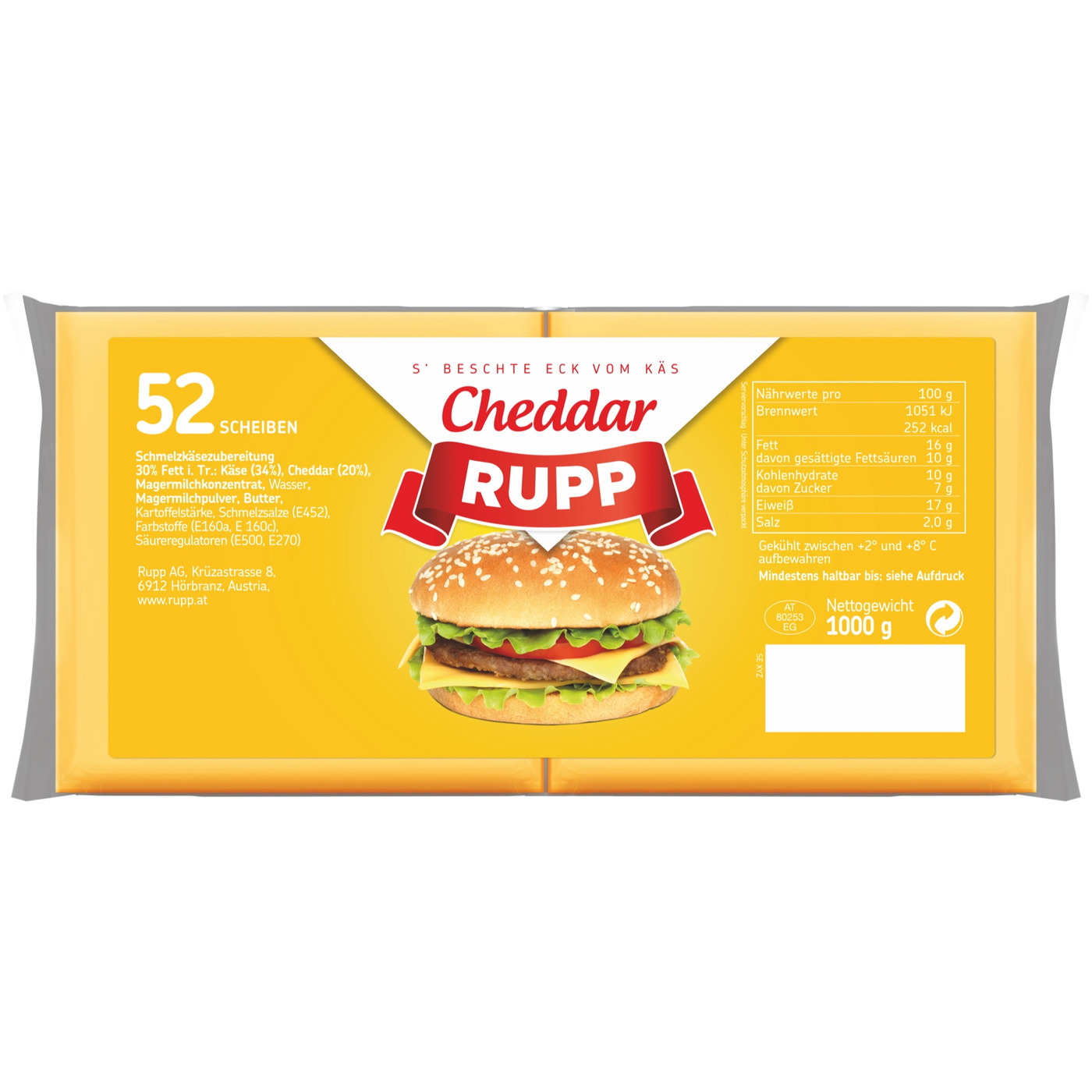 Transgourmet Österreich - Rupp Cheddar Schmelzkäsescheiben 52 Scheiben 1 kg