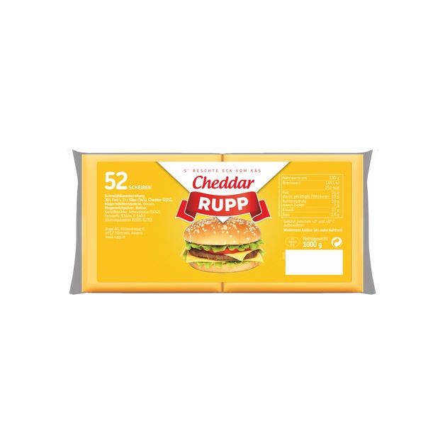 Transgourmet Österreich - Rupp Cheddar Schmelzkäsescheiben 52 Scheiben 1 kg